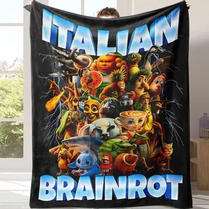 Italian Brainrot Whimsical Collage Flannel Blanket - Couch Throws Blanket with Quirky Characters, Bold Typography, Multi-Sizes, Flannel Softness - Dorm/Bedroom Decor, Super Soft Cover, Pop Culture Gift for Teens