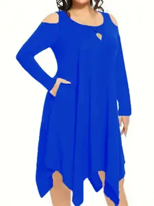 Fashion Plain Shoulder-Exposed Long Sleeve Dress, Elegant Casual Wear, Perfect for Spring & Fall, Women's Stylish Clothing