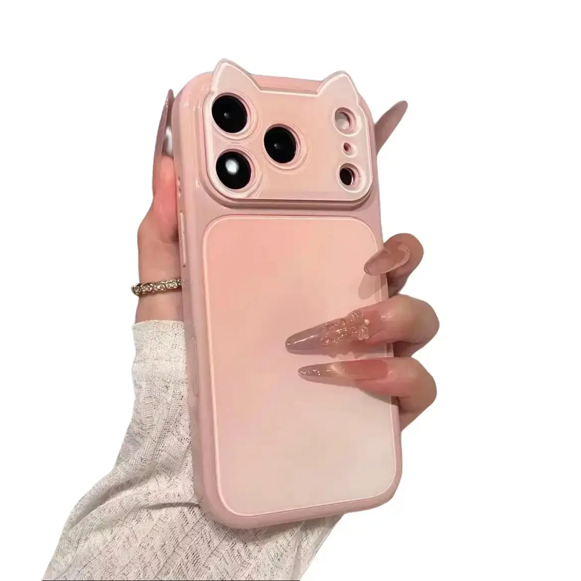 Gradient Plastic INS-Style 3D Cat-Ear Phone Case with Lanyard - Large Window, Full-Coverage Shockproof, Multi-Model Fit for iPhone 17/16/15/14/13 Pro Max Series