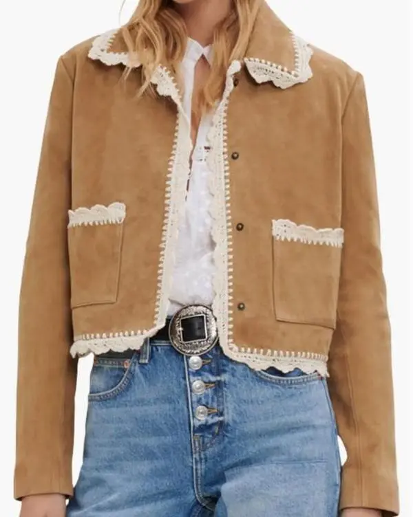 Maje - Cropped Crochet Trim Suede Jacket - Sz L