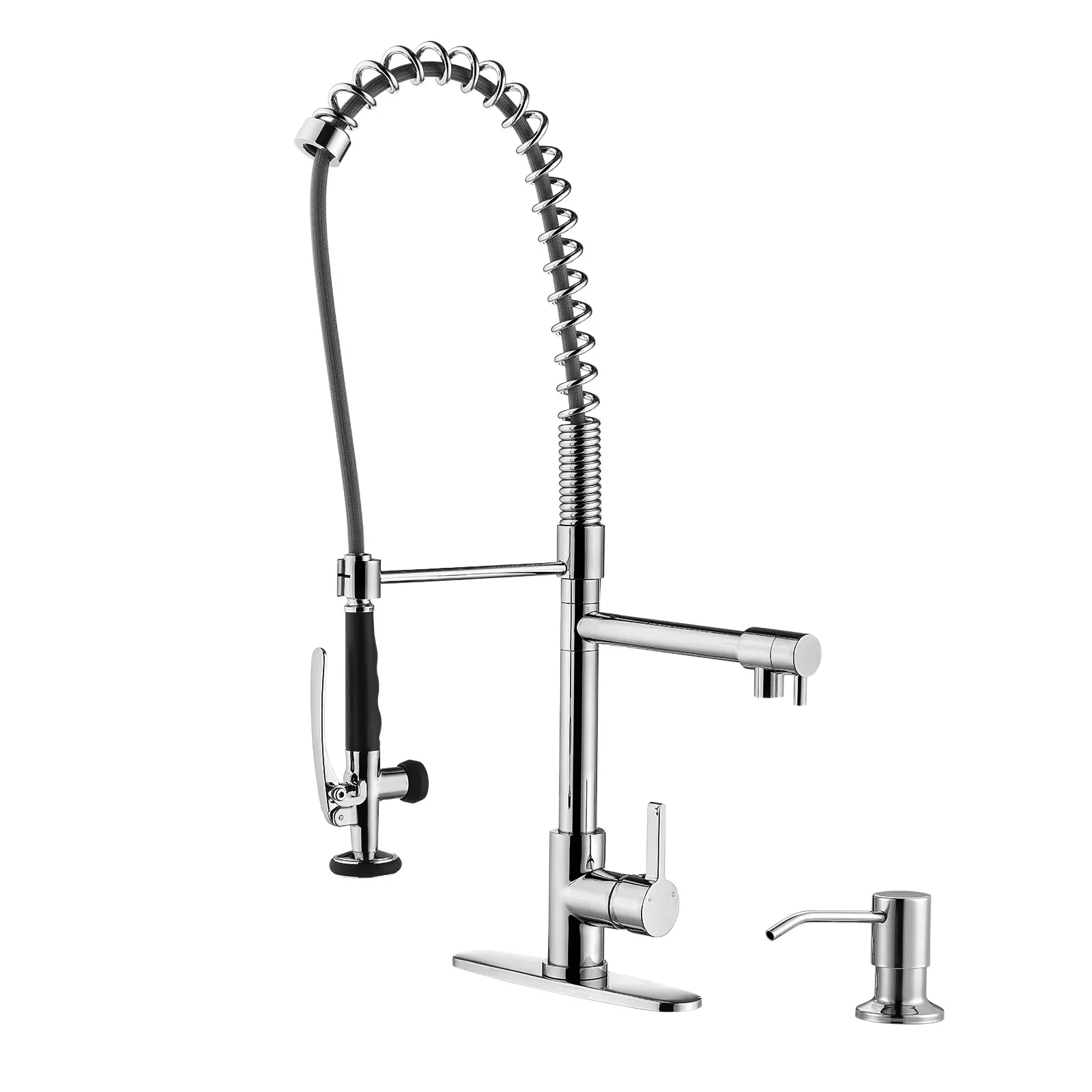 WOWOW Commercial Single-Handle Arc-Shape Pull-Out Sprayer Kitchen Tap with Pull-Out Hose and Soap Dispenser, Solid Brass Construction, Polished Chrome Finish for Restaurants