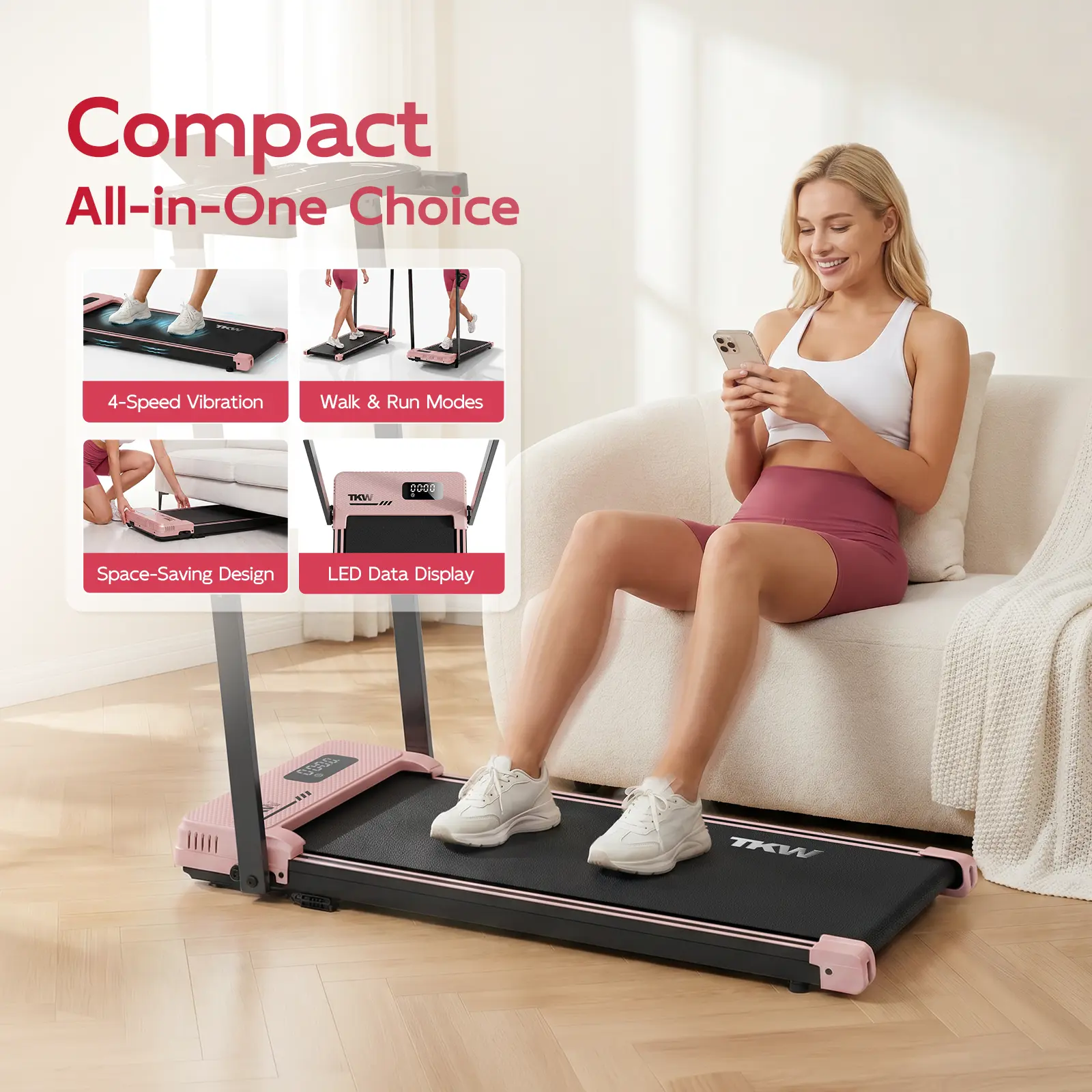 TKW 4-in-1WalkingVibration pad, Lightweight UnderDeskWalking pad Treadmill, 220-300lbs Weight Capacity,Low-Noise Motor Walking Pad,withHandle, Remote Control & Wheels for Easy mobility, LEDDisplay, Portable Under Desk Treadmill