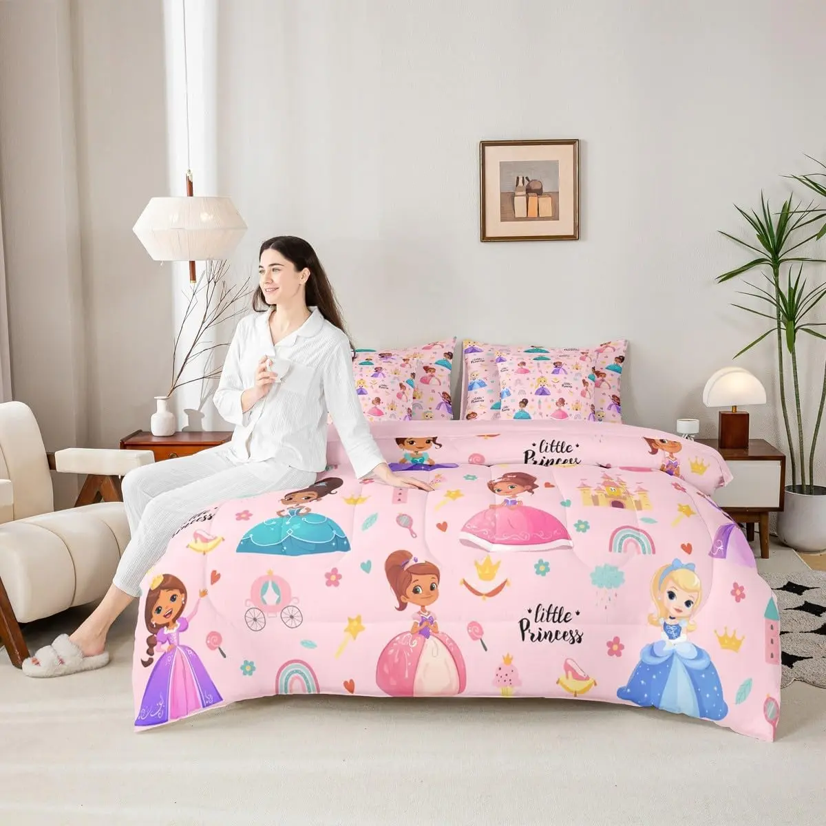 Feelyou 7-Piece Ultra Soft Princess Theme Comforter Set - Multi-Size Bed in a Bag, Girly Cute Castle Microfiber Bedding, Cartoon Rainbow Fitted Sheets for Sofa, Seven Pieces