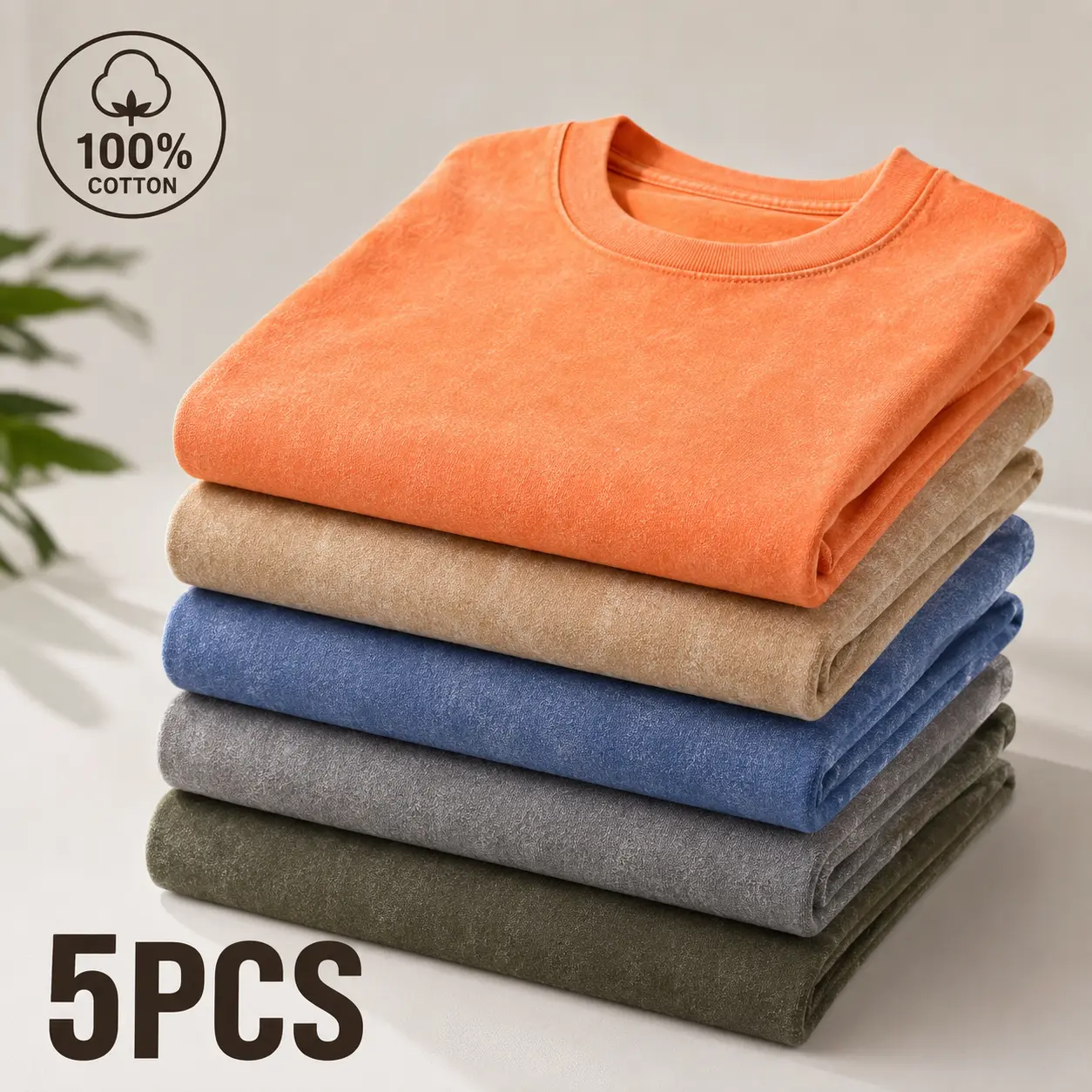 Men's 5-Pack Garment-Dyed Cotton Fabric T-Shirts - Breathable Soft Short-Sleeve Crew Neck, Relaxed Oversized Menswear Basics, Classic Streetwear Vibe for Casual Summer Layering