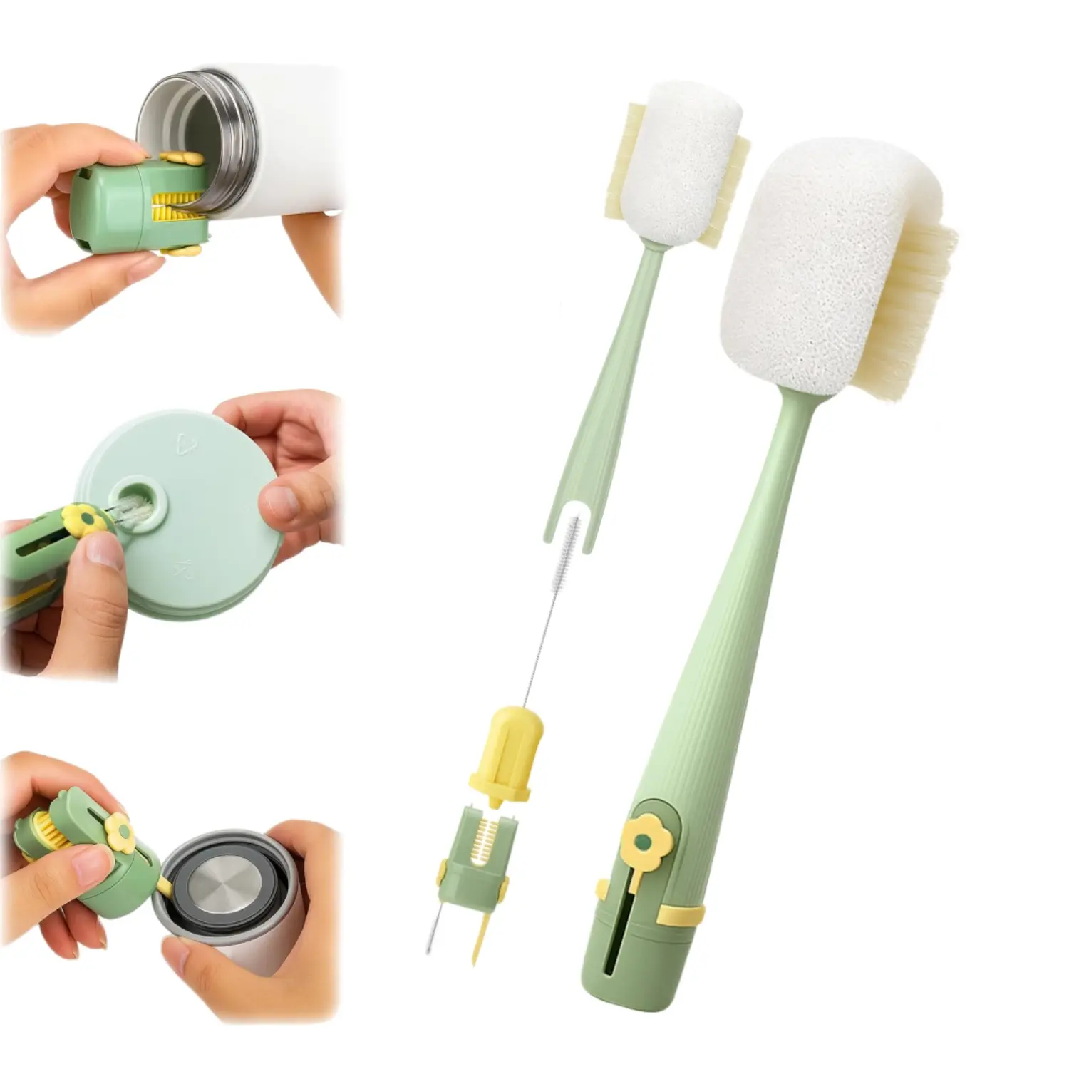 5-in-1 Bottle & Straw Cleaning Brush, Silicone Cup Cleaner for Water Bottles, Tumblers, Lids & Narrow Neck Bottles (Cream White/Jasmine Green)