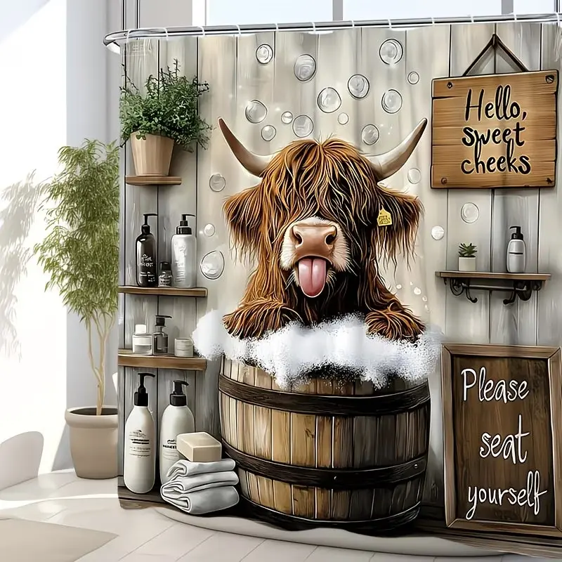 Cute Humorous Farmhouse Shower Curtain, Funny Highland Cattle Bathing Shower Curtain, Includes Hooks, Shower Curtain Set, Funny Shower Curtains For Bathroom