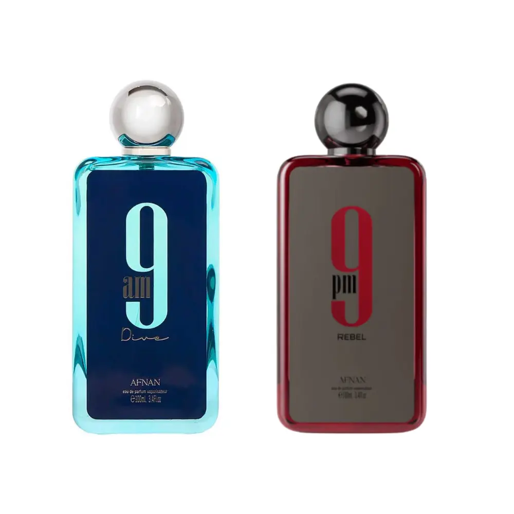 Afnan Dual Day/Night Fragrance Bundle - 9PM Rebel & 9AM Dive Unisex Eau de Parfum, 3.4 oz Each, Fragrance Scent Blend with Aromatic Citrusy Notes & Pineapple