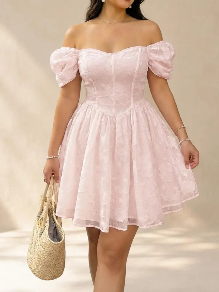 Women's Plus Size Off Shoulder Puff Sleeve Milkmaid Dress - Elegant Sweetheart A-Line Wedding Guest Party Fashion Gift