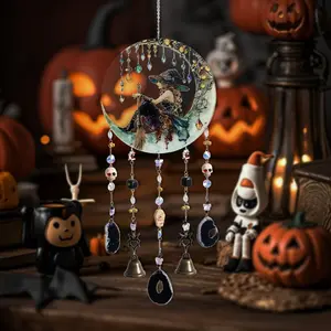 DREAMSUM Halloween Decoration Hanging, Skull Pendant Design, Acrylic Witch Graffiti, Bat Bell Chain Wind Chime, Home Living Room Garden Decor, Ornaments, Party Decoration