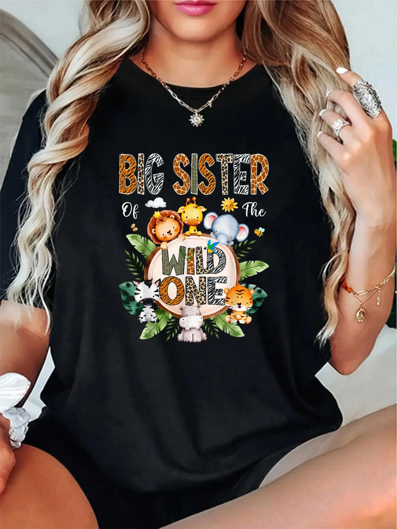 100% Cotton Unisex Big Sister Of The Wild One First Birthday Safari Jungle T-Shirt - Graphic Tees Women Tops