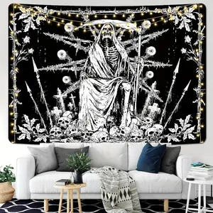 Skull Gothic Tapestry, Black Horror Death Grim Reaper Wall Hanging for Bedroom, Living Room, Office - Indoor Polyester Knit Fabric Tapestry Decor Artwork Decorative Home