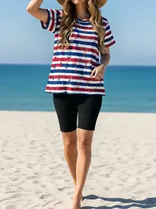 New Spring Summer Nautical Sailor Print Plus Size Women's Matching Set, Comfortable Loose Round Neck Top, Side Slit Shorts Two-Piece