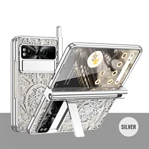 Plated PC Hinge Folding Stand Phone Case For Google Pixel Fold Transparent Screen Tempered Film With S Pen Slot Protective Cover