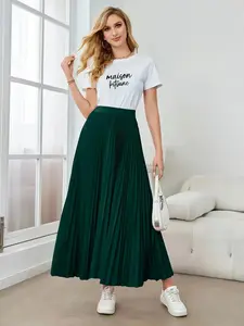 Women's Solid Color Pleated Skirt, Elegant Fashion Long Skirt for Work Office Business, Ladies Spring & Fall Clothes, Formal Fashion Skirt, Flowy Pleated Skirts