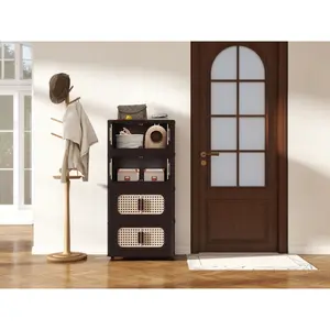 Retro Brown, 20" Side Wide Folding Storage Cabinet ,4 Tiers,19.69"*11.81"*40.55",Collapsible Storage Bins with Magnetic Door, Plastic Storage Cabinet with Wheels