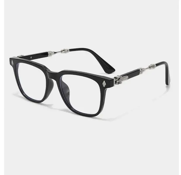 Unisex High-End Chrome Hearts Square Eyeglass Frames, Black Square Eyeglasses | Gothic Cross Frame, Retro Half Rim Glasses, Ornate Metal Temple Optical Frames, Unisex Statement Eyewear Gift
