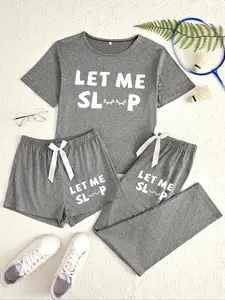 Women's Casual Letter Print Pajama Set, Three-Piece Sleepwear for All Seasons, Fitted Kint Fabric, Comfortable Nightwear, Casual Comfy Pajama
