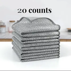 20 Counts single layer Dishwashing Rag,Multipurpose Non-Scratch Wire Dishcloths for Wet and Dry Use, Reusable Wire Cleaning Cloths for Kitchen, Sinks, and Pans Silver Removable, Washable & More