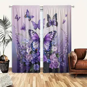 2 Pieces Purple Butterfly and Floral Print Sheer Curtains - Rod Pocket Design, Fade-Resistant Polyester Curtains, Suitable for Bedroom, Living Room, Office - Modern Style, Machine Washable, No Lining Needed blind  ss  hop sheer fabric kitsch  black  frida