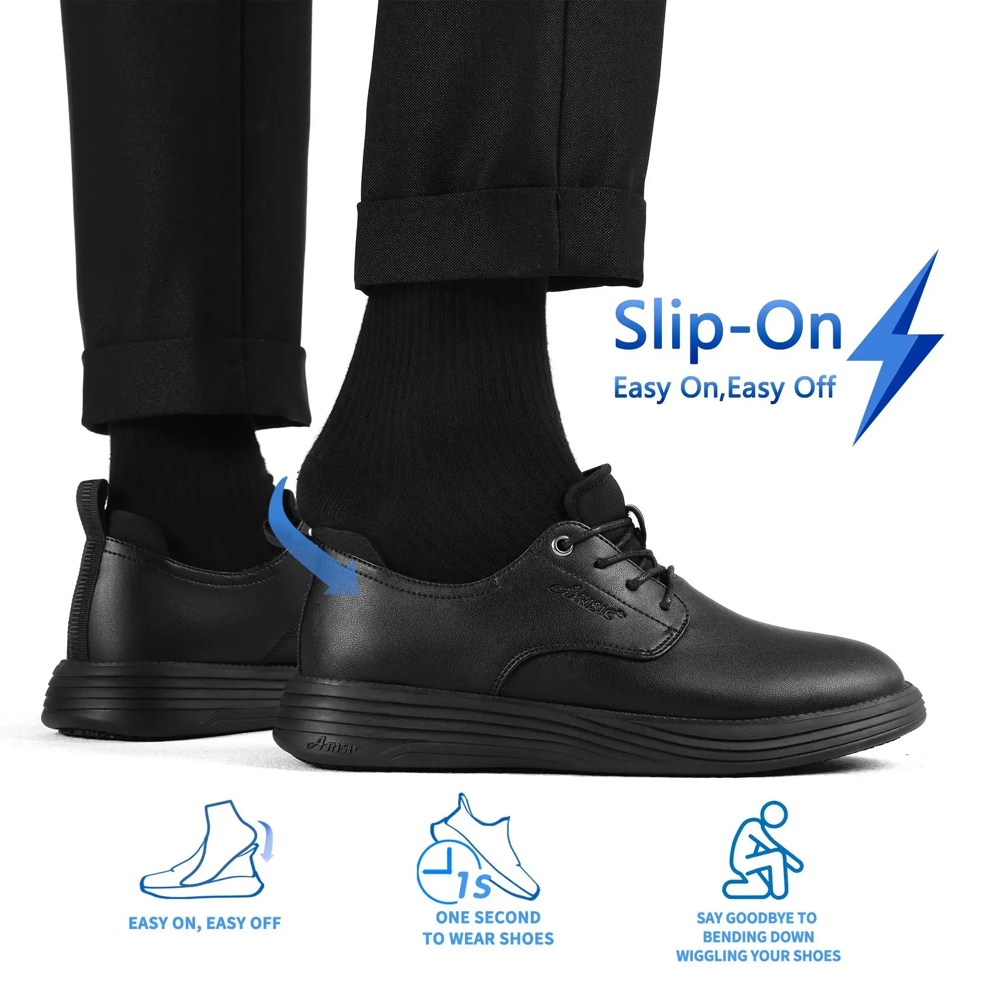 Non Slip Work Shoes for Men Slip On Sneakers Waterproof Casual Air Cushion Footwear Slip Resistant Classic Walking Dress Shoes Black
