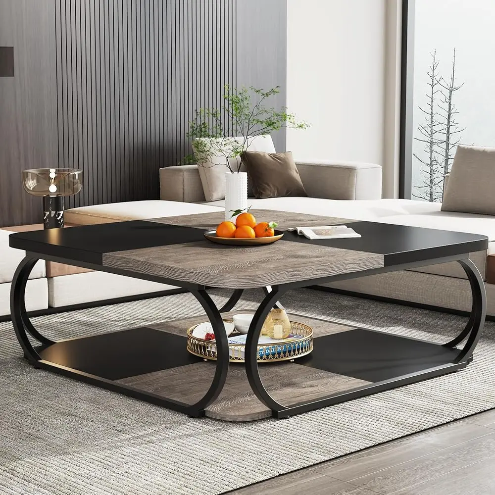 Tribesigns 39 Inch Coffee Table With Open Storage for Living Room, Square Wood Center Tea Table, Farmhouse Style With Metal Frame, Black Rustic Grey Tribesigns 39 Inch Coffee Table With Open Storage for Living Room, Square Wood Center Tea Table, Farmhouse Style With Metal Frame, Black Rustic Grey