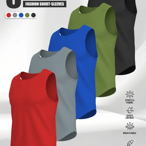 SKYWEHYD Men’s Plus-Size Round Neck Sleeveless Plain Polyester Tank Tops (Pack of 5) - Soft, Breathable, Stretch Menswear with Finished Hem - Suitable for Casual Outfits, Gym