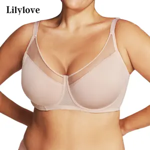 Lilylove Unlined Breathable Mesh Minimizer Full Coverage Non-padded Underwire Comfortable Fit Adjustable Straps  V Neck Plus Size T-shirt Bra for Big Busted Women B-DDD