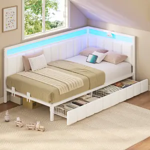 Hasuit | Corner Bed Frame with Storage Drawers Full Daybed with Line Fabric Upholstered Fence Kids Bed Unit with LED Light and Charging Station