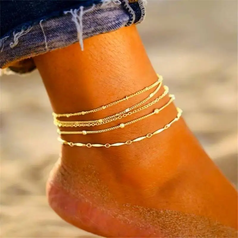 14K Gold Plated Ankle Bracelets for Women Waterproof - Dainty 5Pcs Anklets Layered Cuban Link Chain Herringbone Cute Anklets Set Pack Summer Beach Jewelry Gift for Women Teen