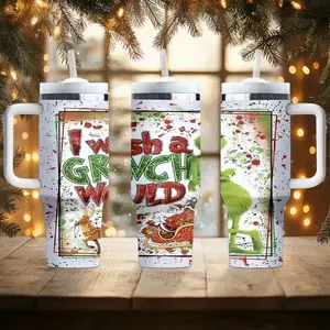 1pc 40oz Christmas-themed water bottle, cartoon print, portable insulated stainless steel straw mug with handle, car mug, outdoor mug, travel mug, Tumbler Reusable Cup - Christmas and Valentine's Day gift, back-to-school gift (straw inside the mug)