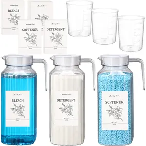 3 Pcs 50 oz Laundry Detergent Dispenser Fabric Softener Dispenser with Labels Measuring Cups Soap Bleach Container Liquid Detergent Containers for Laundry Room Organization Storage