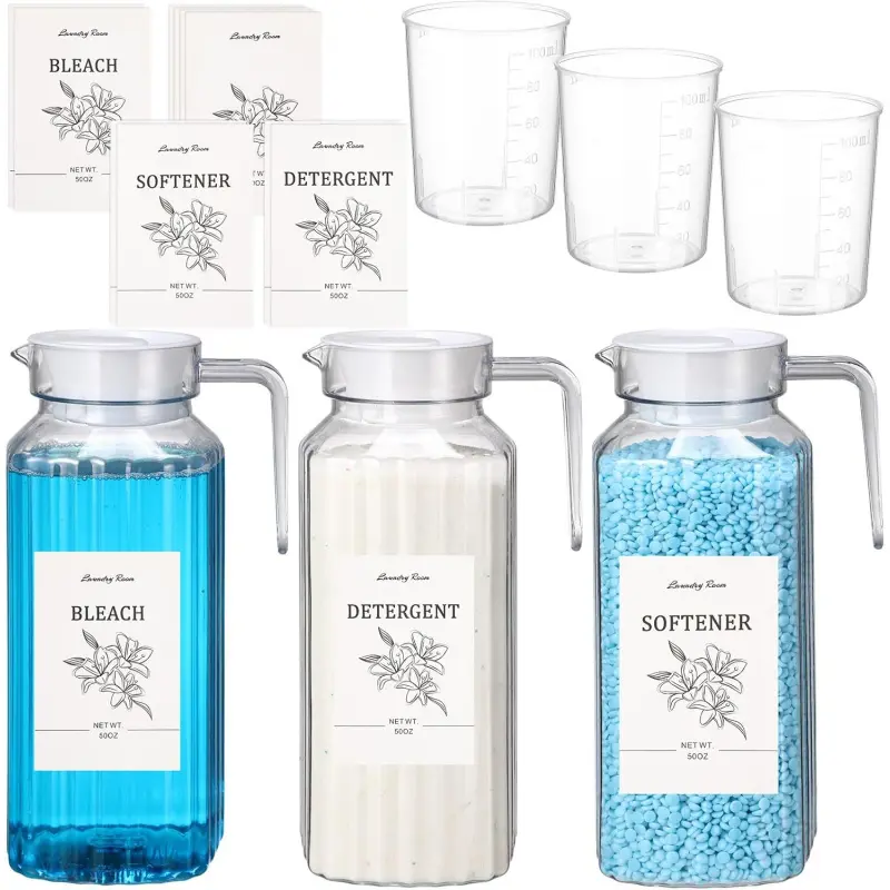 3 Pcs 50 oz Laundry Detergent Dispenser Fabric Softener Dispenser with Labels Measuring Cups Soap Bleach Container Liquid Detergent Containers for Laundry Room Organization Storage-L