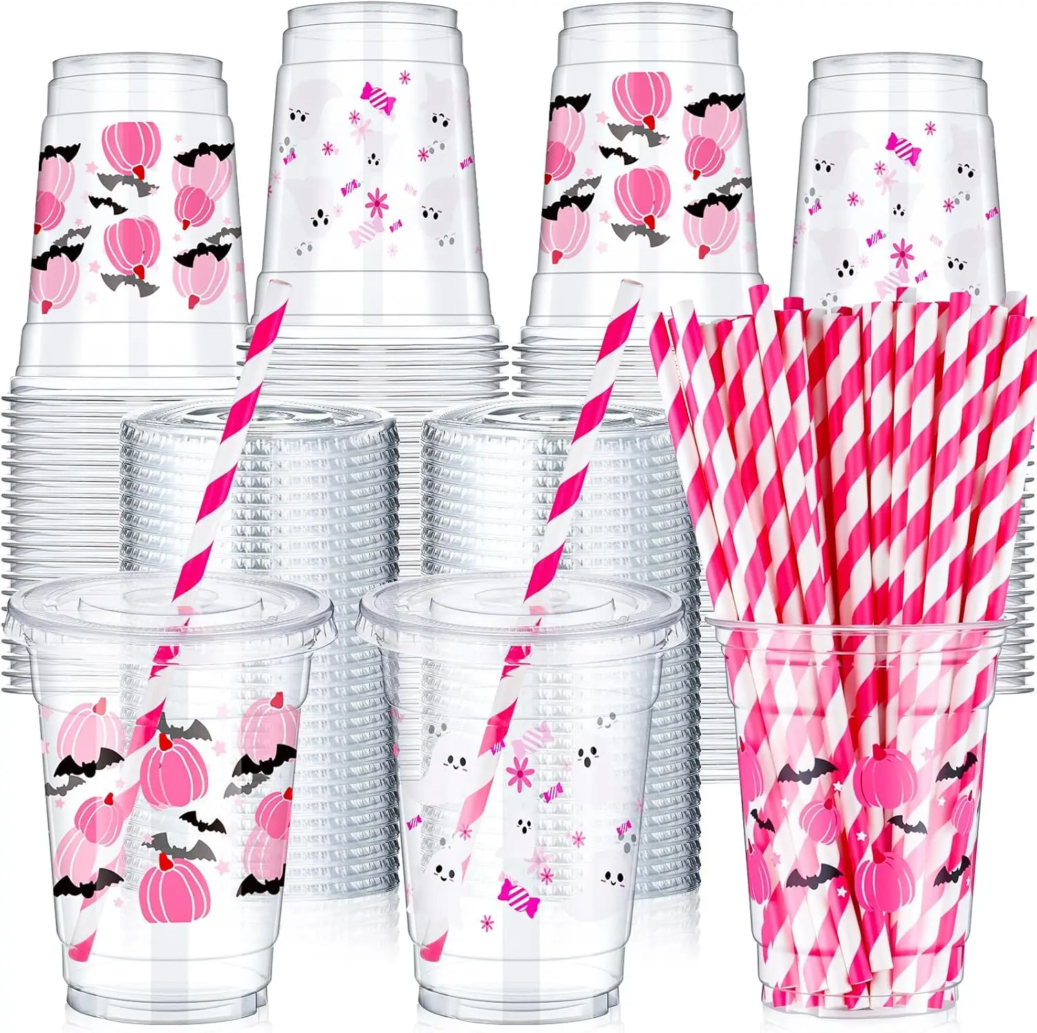 300 Pcs 12 oz Halloween Plastic Cups with Lids and Straw Plastic Cup Disposable Clear Drinking Set for Party Supply