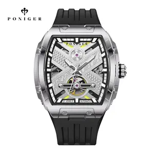 PONIGER Men's Automatic Mechanical Tourbillon WatchStainless Steel Waterproof Luminous Wristwatch withGreen Silicone Strap