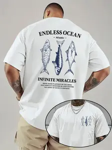 Men's Loose Short Sleeve Round Neck Fish Print T-Shirt, Summer Casual Fishing Shirt, Blue Beach Men's T-Shirt, Fitted Long Style
