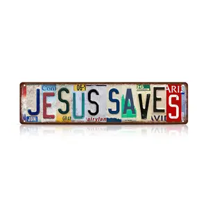 1pc 4*16inch (10*40cm) "Jesus Saves" Vintage License Plate Metal Sign – Retro Christian Wall Art for Home, Garage, Church & Café – Faith-Inspired Tin Decor with Rustic Car Plate Design