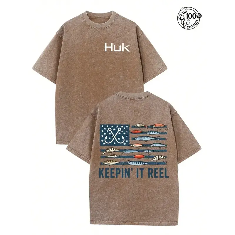 HUK "Keepin’ It Reel" Vintage Washed Fishing T-Shirt – American Flag Bass Lure Graphic Tee for Men, Oversized Outdoor Shirt, Gift for Anglers