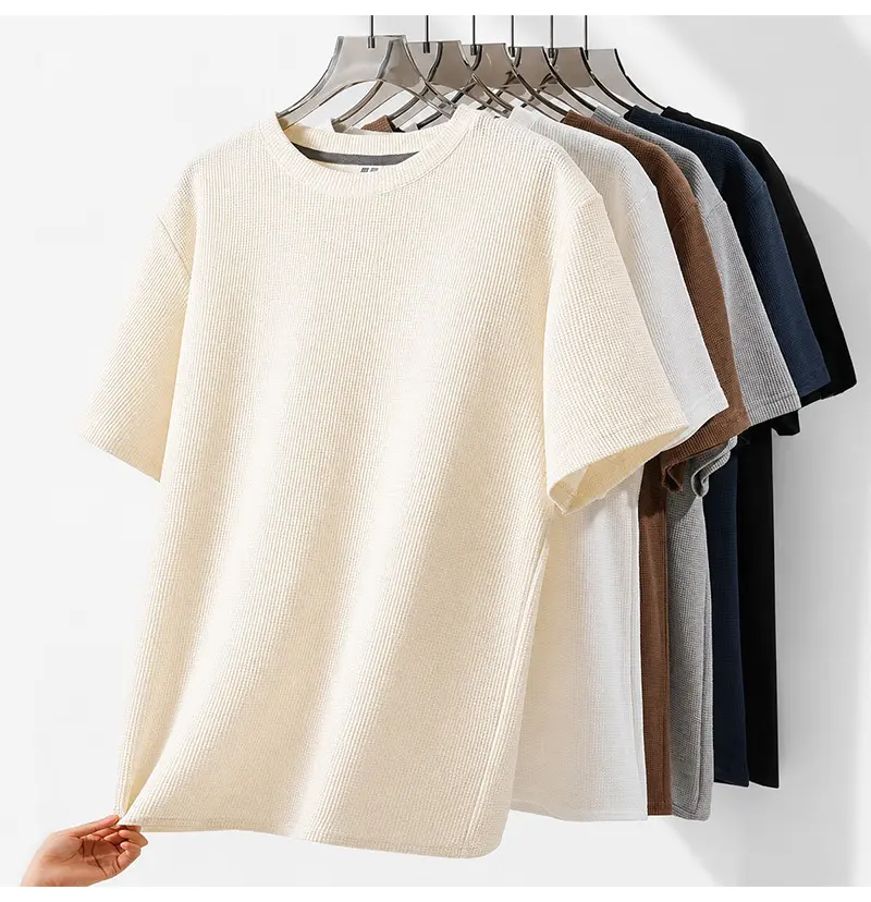 Men T-shirts Waffle Fabric Short Sleeve Breathable Round Neck Tee Fashion Men Clothing