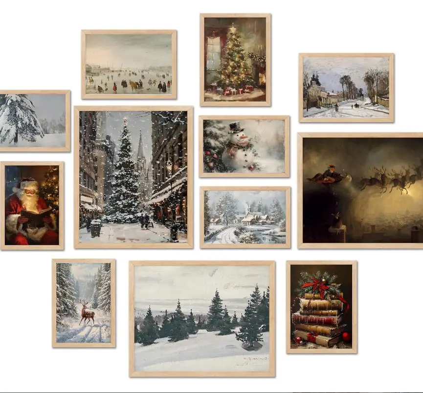 Vintage Christmas Wall Art, Moody Winter Xmas Aesthetic Poster for Room Decor, Santa Reindeer Pine Tree Gallery Painting Artwork Prints. (Multi Sizes, 8" X 10" Largest, Set of 12, UNFRAMED)