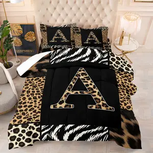Edgy Ins Style Black & Brown Leopard Print Initial A-M Comforter Set, Include One Quilt Core and 1/2 Pillowcases, rendy Animal Print Patchwork Design Bedding, Moderate Thickness, Suitable for All Seasons