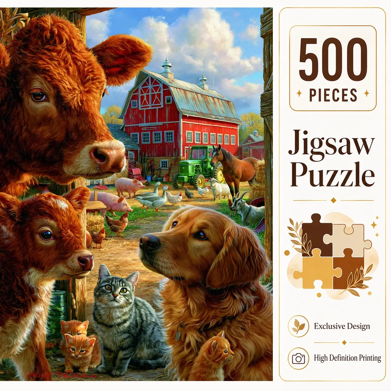Cute Farm Animals 500 Pieces Jigsaw Puzzle for Adults Family Games Stress Relief Brain Exercise Challenging Wall Decor Perfect Gift for Elderly Entertainment Rustic Barn Dog Cat Cow Scene 15x20.5inch(38x52cm)