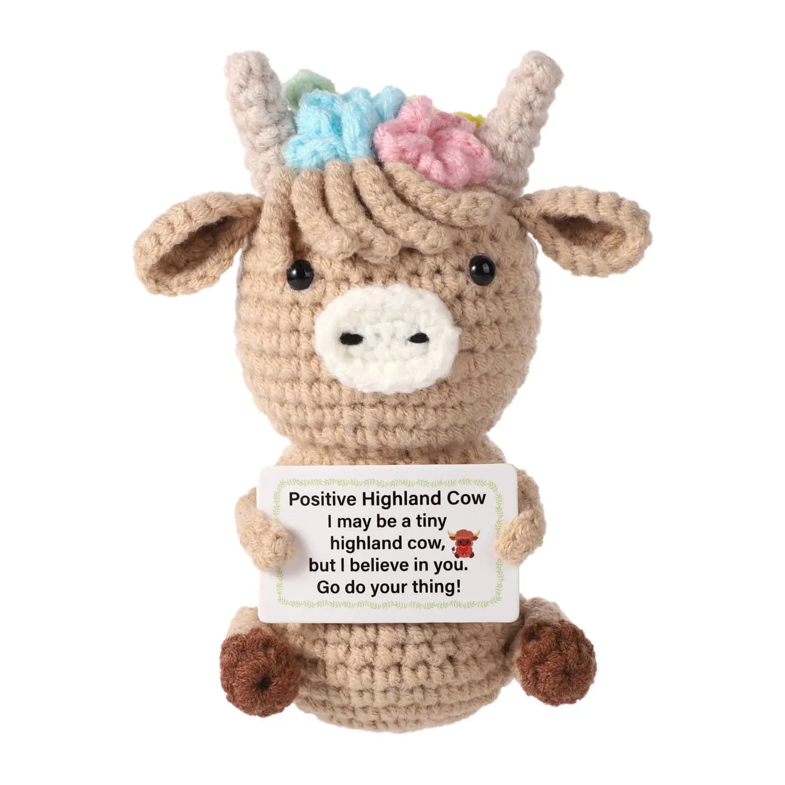 Hand Crocheted Highland Cow Plush Toy - Soft Adorable Stuffed Animal, Stuffed Animal Gifts, Cute Cow Design, Positive Cow with Encouraging Message, Mini Inspirational Soft Cuddly Gift for Animal Lovers, Cute Desk Decor and Motivation Companion