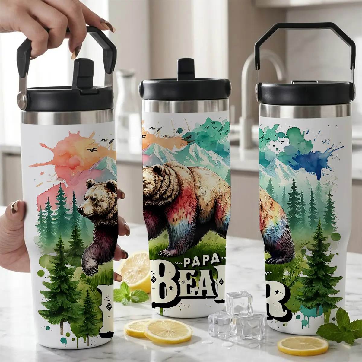 Papa Bear Coffee Tumbler - Watercolor Forest Bear Gifts for Men, Dad, Father - Vacuum Insulated Stainless Steel Cup with Straw - Unique Birthday, Christmas, Father's Day Gift for Him