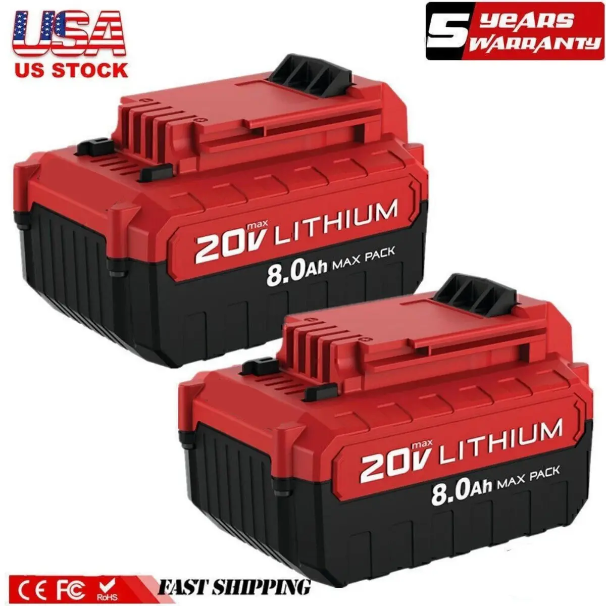 2-Pack 20V 8.0Ah Lithium Rechargeable Cordless Drill Batteries Only, Power Tool Accessories for Porter Cable 20V Li-ion Tools, Compatible with PCC680L, PCC685L, PCC682L, PCC685LP, Smooth Interface