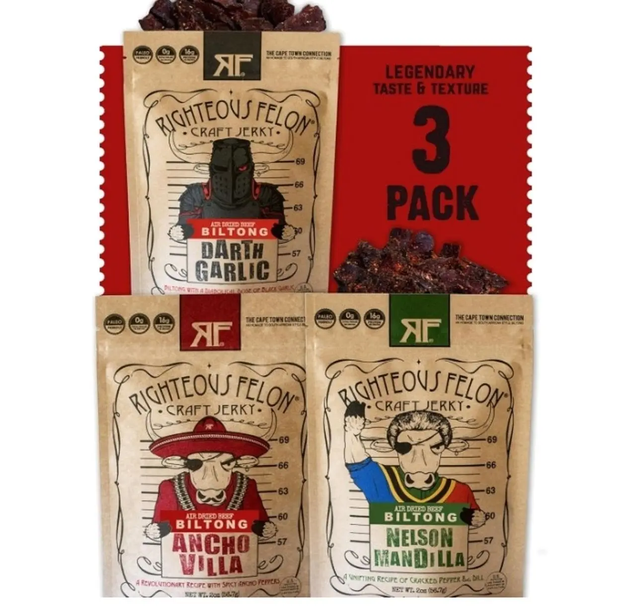 Biltong Beef Jerky Variety Pack | South African Biltong Snack Packs for Adults | High Protein, Keto-Friendly, Low Sugar | Made with Premium Meats | Beef Jerky Gifts for Men | 3 Pack