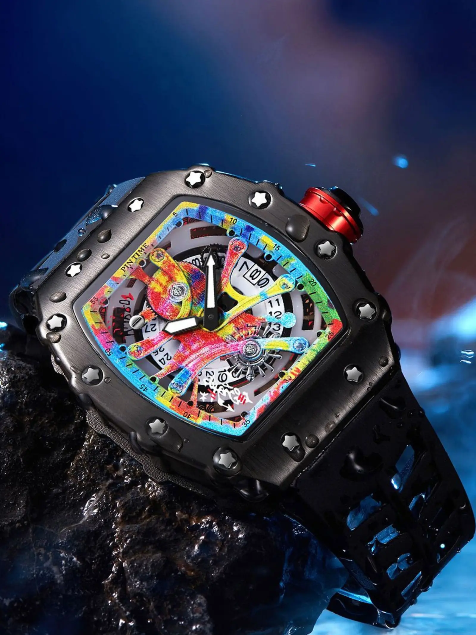 Men's Barrel-Shaped Analog Watch, Colorful Hollow Dial, Waterproof Casual Wristwatch Men's Barrel-Shaped Analog Watch, Colorful Hollow Dial, Waterproof Casual Wristwatch