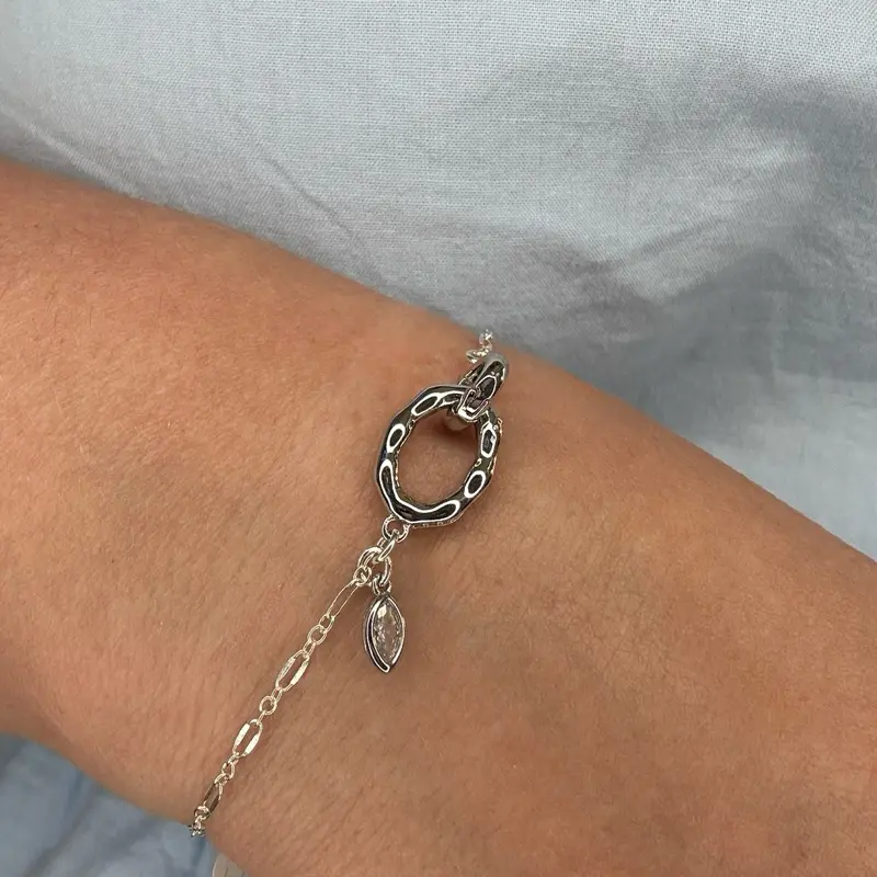 Dianechristine Signature Collection 925 Sterling Silver Sequin Chain Bracelet with Interlocking Clasps and CZ Drop Pendant