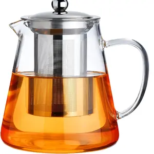 Glass Teapot Stovetop 18.6 OZ, Borosilicate Clear Tea Kettle with Removable 18/8 Stainless Steel Infuser, Teapot Blooming and Loose Leaf Tea Maker Tea Brewer for Camping, Travel (550ML)