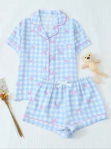 Women's Two-Piece Pajama Set, Checkered Casual Comfortable Lapel Pocket Shirt Short Sleeve + Elastic Waist Shorts, All-Season Sleepwear