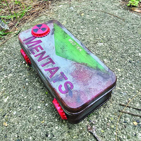 Hand-Painted Fallout Mentats Tin - Magnetic Bottle Cap Edition - Weathered Post-Apocalyptic Stash Box with Bonus Loot